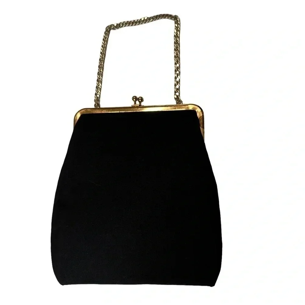 Vintage Handbag and Gloves Set OS Black Velvet‎ Gold Chain Kiss Lock Embroidered
